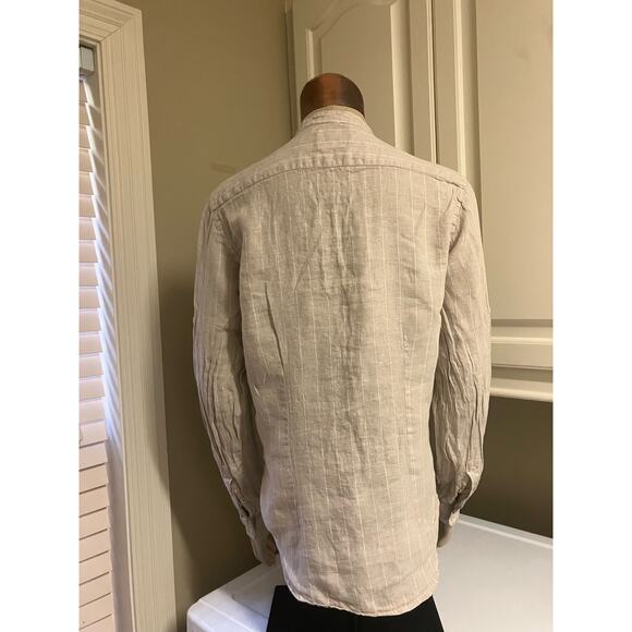 Clayton Linen Company Linen Top, Collarless, Medium, Beige, Button Up, Long Slee - Picture 3 of 4